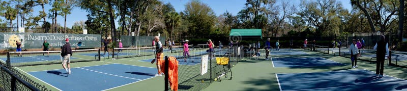 Panorama van Actieve Mensen die Pickleball spelen royalty-vrije stock afbeelding Panorama van Actieve Mensen die Pickleball spelen royalty-vrije stock afbeelding