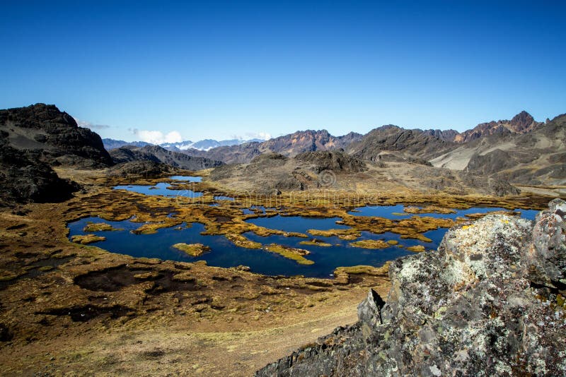 Panorama van het meer in spectaculair hooggebergte, Cordillera, de Andes, Peru royalty-vrije stock foto's Panorama van het meer in spectaculair hooggebergte, Cordillera, de Andes, Peru royalty-vrije stock foto's
