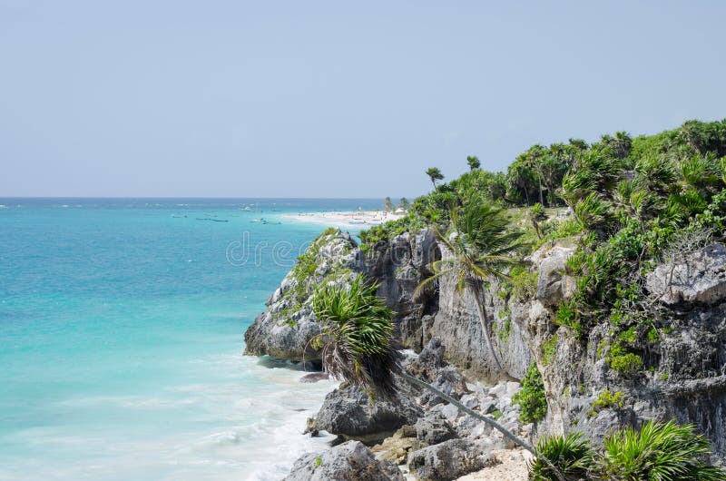Panorama van idilic Caraïbisch strand van Tulum, Riviera Maya, Mexico stock foto's Panorama van idilic Caraïbisch strand van Tulum, Riviera Maya, Mexico stock foto's