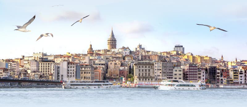 Panorama van Istanboel met Galata-Toren bij horizon en zeemeeuwen over het overzees, breed landschap van Gouden Hoorn, reisachter royalty-vrije stock afbeelding Panorama van Istanboel met Galata-Toren bij horizon en zeemeeuwen over het overzees, breed landschap van Gouden Hoorn, reisachter royalty-vrije stock afbeelding