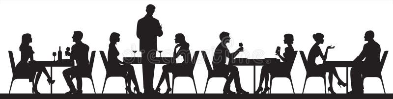 Panorama van silhouetten van mensen voedsel eten en drinkers die in een koffie of een restaurant