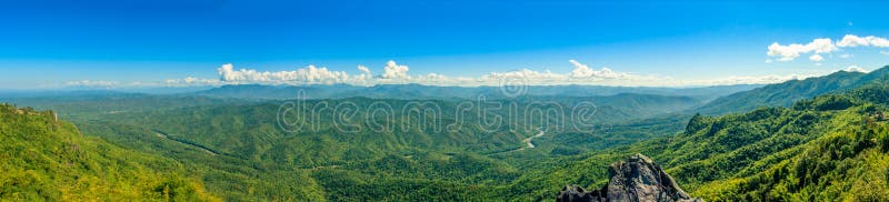 Panorama view of hills and mountain range with river. Panorama view of hills and mountain range full of green tree with river through valley and clear blue sky royalty free stock photos Panorama view of hills and mountain range with river. Panorama view of hills and mountain range full of green tree with river through valley and clear blue sky royalty free stock photos