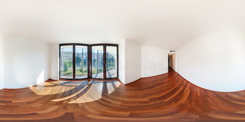Panorama 360 view in modern white empty loft apartment interior of living room hall, full seamless 360 degrees angle view royalty free stock photos