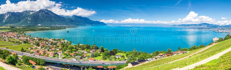 Panorama view of Montreux city with Swiss Alps, lake Geneva and vineyard on Lavaux region, Canton Vaud, Switzerland, Europe