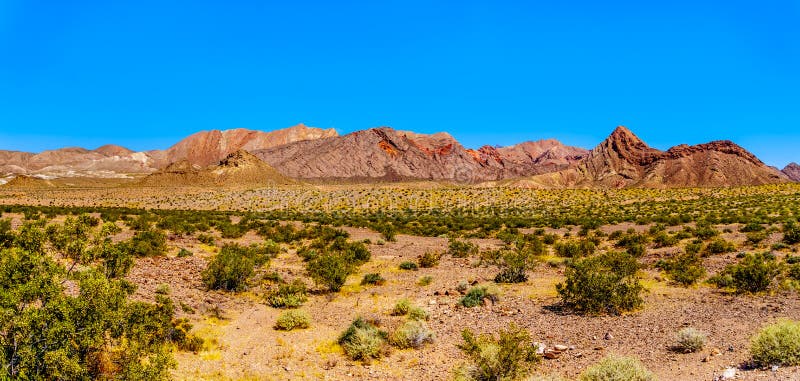 Panorama view of Rugged and Colorful Mountains along Northshore Road SR167 in Lake Mead National Recreation Area royalty free stock photography Panorama view of Rugged and Colorful Mountains along Northshore Road SR167 in Lake Mead National Recreation Area royalty free stock photography