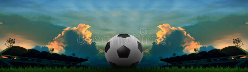 File of panorama view of sport stadium dusky time colorful sky with soccer football