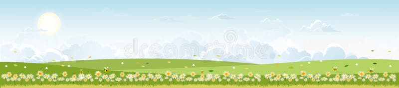 Panorama view of spring village with green meadow on hills with blue sky, Vector Summer or Spring landscape, Panoramic countryside