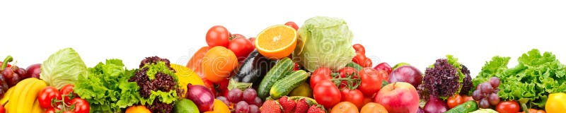 Panorama von frischen Obst und Gemüse von nützlich für Gesundheit isolat stock abbildung