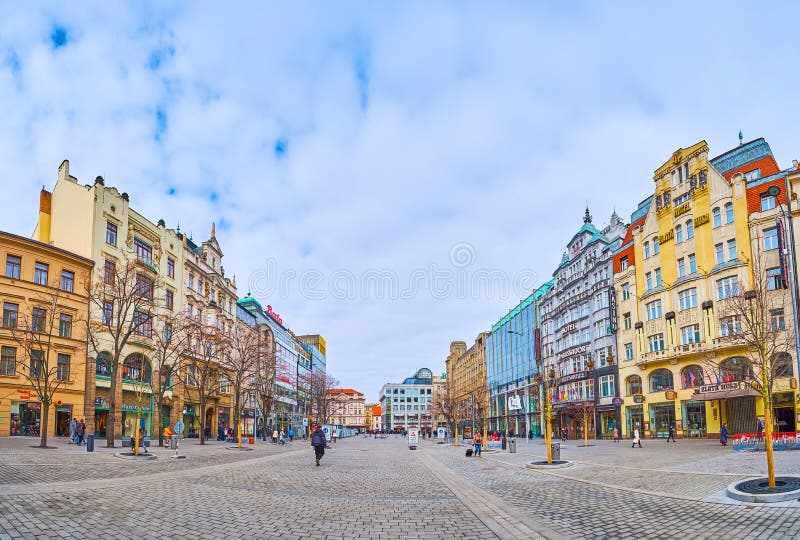 Panorama of Wenceslas Square, on March 5 in Prague, Czech Republic