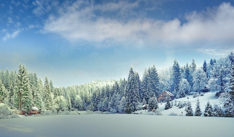 Panorama of a winter morning in the Carpathians