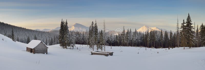 Panorama of winter mountain valley