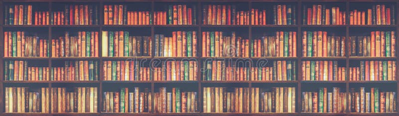 Panorama zamazała półkę na książki Wiele starych książek w sklepie lub bibliotece