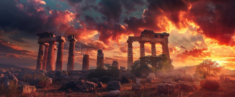Panoramaaussicht auf antike Tempelruinen bei Sonnenuntergang Überreste alter griechischer Gebäude auf dramatischen Himmelshintergr vektor abbildung