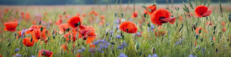 Panoramabanner med röd vallmo och blå kornblommor på skugga i den vågräta sommargränsen ai generativ vektor illustrationer