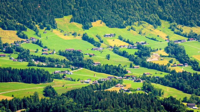 Panoramasicht auf üppig grünes Tal mit Häusern und bewaldeten Hügeln in Landschaft vektor abbildung
