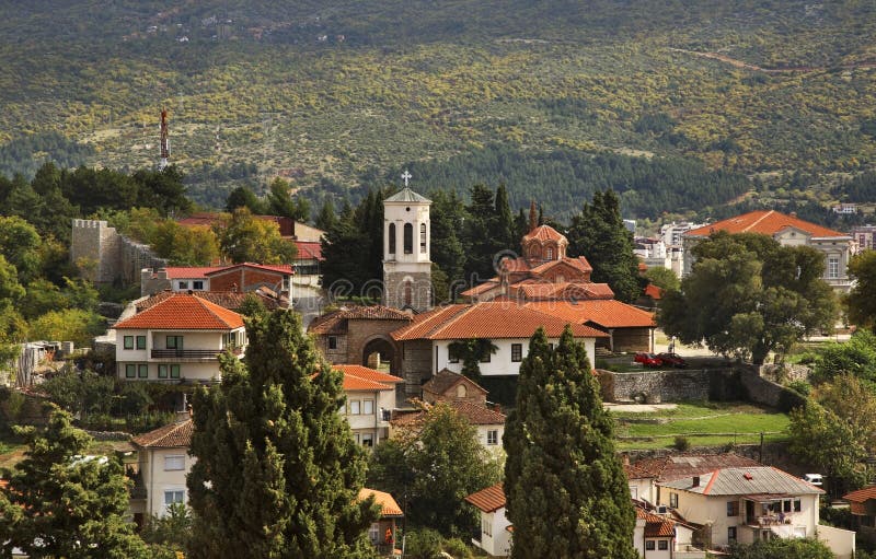 Panoramautsikt av Ohrid macedonia arkivfoto Panoramautsikt av Ohrid macedonia arkivfoto