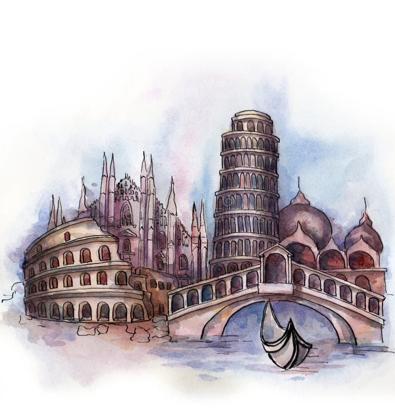 Panoramautsikten av den Italien vattenfärgen royaltyfri illustrationer Panoramautsikten av den Italien vattenfärgen royaltyfri illustrationer