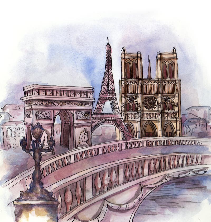 Panoramautsikten av den Paris vattenfärgen stock illustrationer Panoramautsikten av den Paris vattenfärgen stock illustrationer