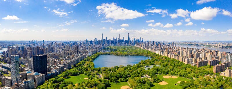 Panoramic aerial view of the Central Park in Manhattan, New York City surrounded by skyscrapers stock image