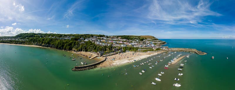 Panoramic aerial view of the colorful Welsh seaside town of New Quay