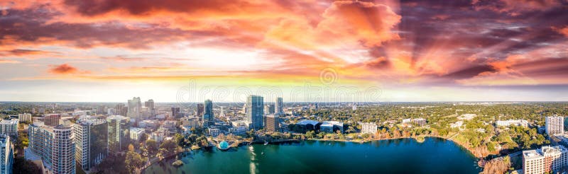 Panoramic aerial view of Lake Eola and surrounding buildings, Orlando - Florida.