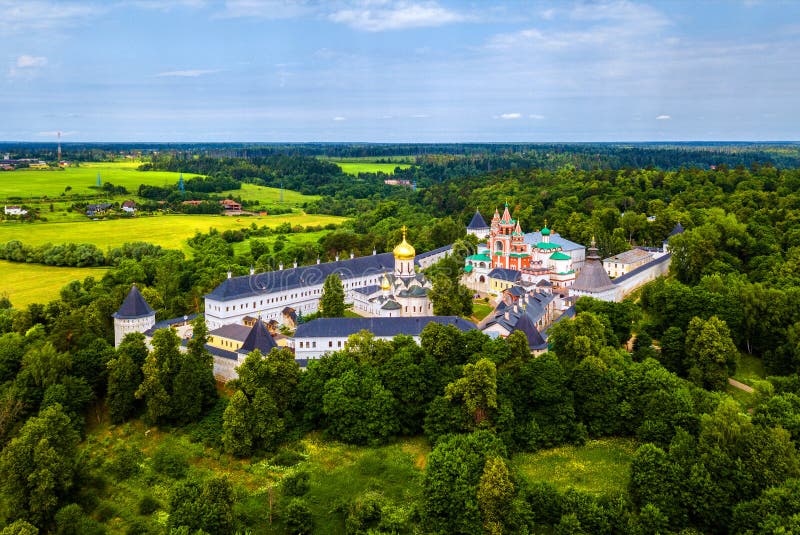 Panoramic aerial view of Savvino-Storozhevsky Monastery in Zvenigorod, Russia