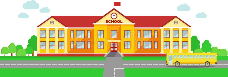 Panoramic Background With School Building And School Bus In Flat Style