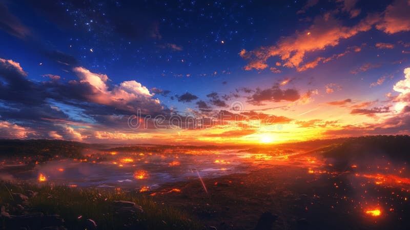 Panoramic blurred image of distant flames on the horizon, evoking a mysterious atmosphere royalty free illustration