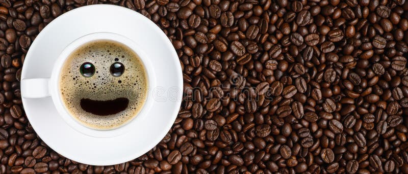 Panoramic Coffee Background of a Cup of Black Coffee with Smiling Face  Coffee Bubble on Background of Roasted Arabica Coffee Beans Stock Photo -  Image of abstract, cafeteria: 161033598