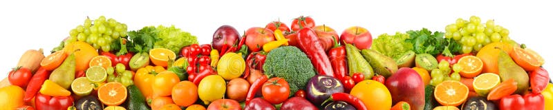 Panoramic collection of fresh fruits and vegetables isolated on white