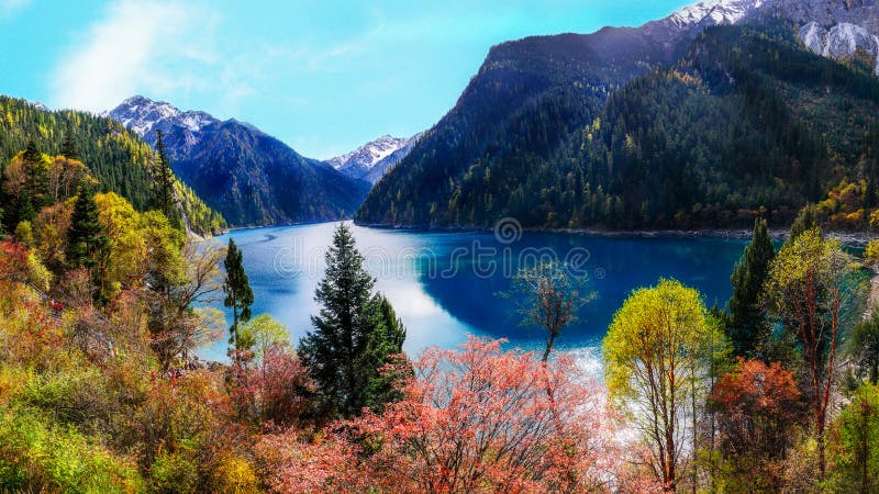 Long Lake And Forest At Jiuzhaigou National Park In Sichuan Stock Photo