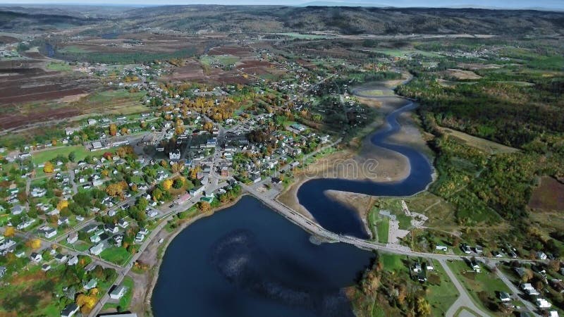 Panoramic drone view of small town near Parrsboro harbour, Nova Scotia, Canada