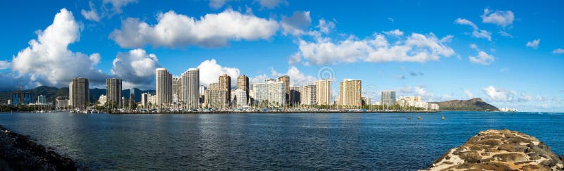 Panoramic image of the Ala Wai Boat Harbor and hotels of Waikiki