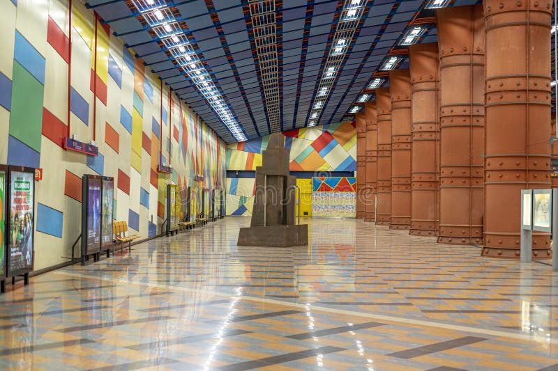 Panoramic image of the colorful subway platform at Olaias in Lisbon. stock photography