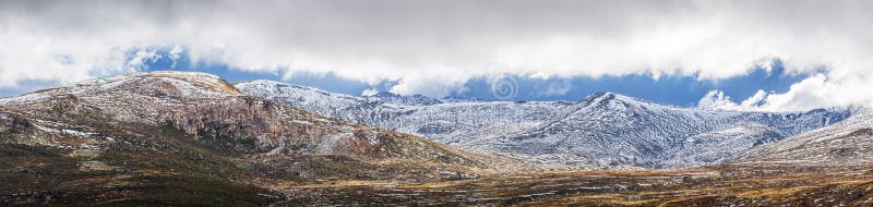 Panoramic Landscape of Snow Mountains. Australian Alps, Kosciuszko National Park, Australia