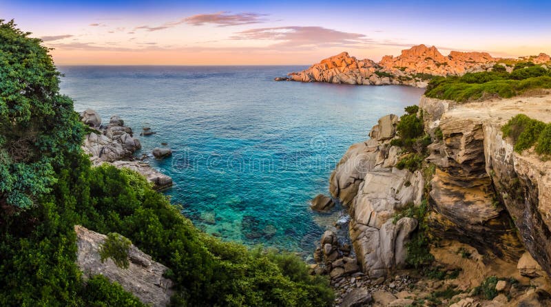 Panoramic landscape view at rocky ocean coastline