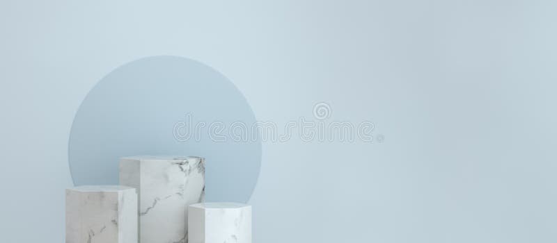 Panoramic Marble hexagon podium pedestal product display on blue background with minimalist backdrop studio stock illustration