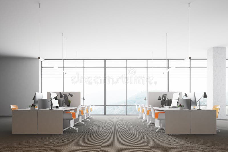 Panoramic Open Space Office Side View Modern Gray Wall Open Space Office Interior Gray Floor Rows Computer Tables 112927590 
