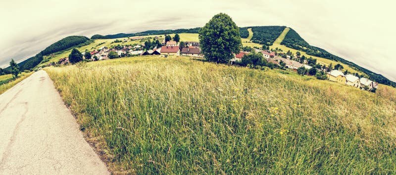 Panoramic photo of Cicmany village, retro filter