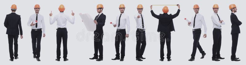 Panoramic photo collage of confident architect isolated on white stock image Panoramic photo collage of confident architect isolated on white stock image