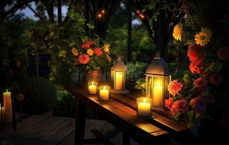 Panoramic Photo of LED Light Posts Illuminated Backyard Garden during