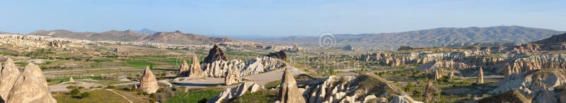 Panoramic photo of unusual rocky landscape in Cappadocia, Turkey stock image Panoramic photo of unusual rocky landscape in Cappadocia, Turkey stock image