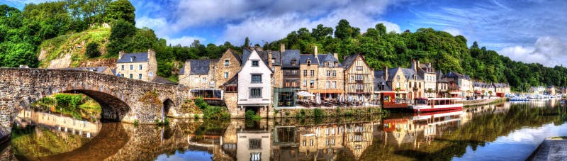 Panoramic romantic view on old port Dinan Cotes-d`Armor, Brittany, France