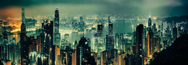 Panoramic shot of evening hong kong royalty free stock photos