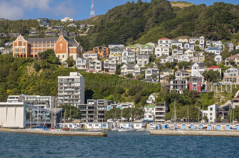 Panoramic shot of expensive real estate on Mt Victoria and Oriental Bay in Wellington, New Zealand. WELLINGTON, NEW ZEALAND - Aug 18, 2014: A panoramic shot of royalty free stock photos Panoramic shot of expensive real estate on Mt Victoria and Oriental Bay in Wellington, New Zealand. WELLINGTON, NEW ZEALAND - Aug 18, 2014: A panoramic shot of royalty free stock photos