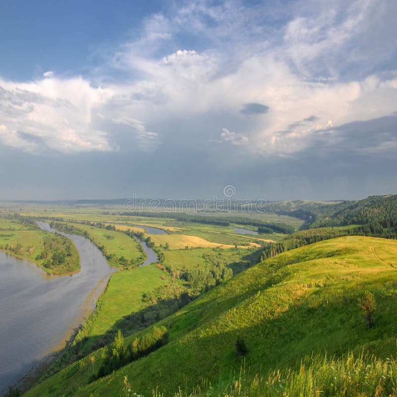 Panoramic summer landscape with a river. Kama River, Tatarstan