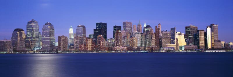 Panoramic sunset view of Empire State Building and Lower Manhattan skyline, NY where World Trade Towers were located