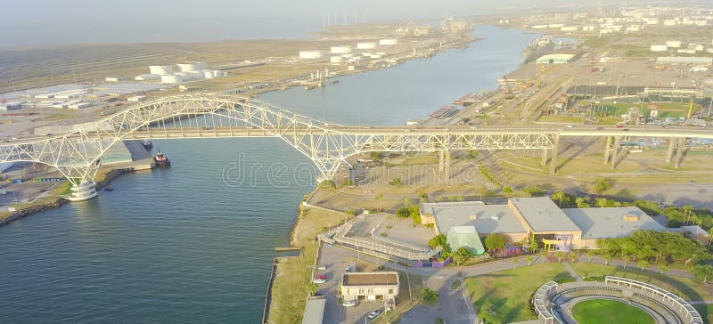 Panoramic Top View Harbor Bridge And Gasoline Tanks Near Port Of