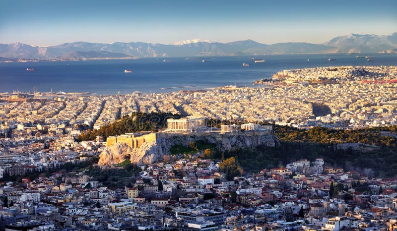 Panoramic view of Athens city from Lycabettus hill at sunrise To Acropolis, Greece royalty free stock photography Panoramic view of Athens city from Lycabettus hill at sunrise To Acropolis, Greece royalty free stock photography