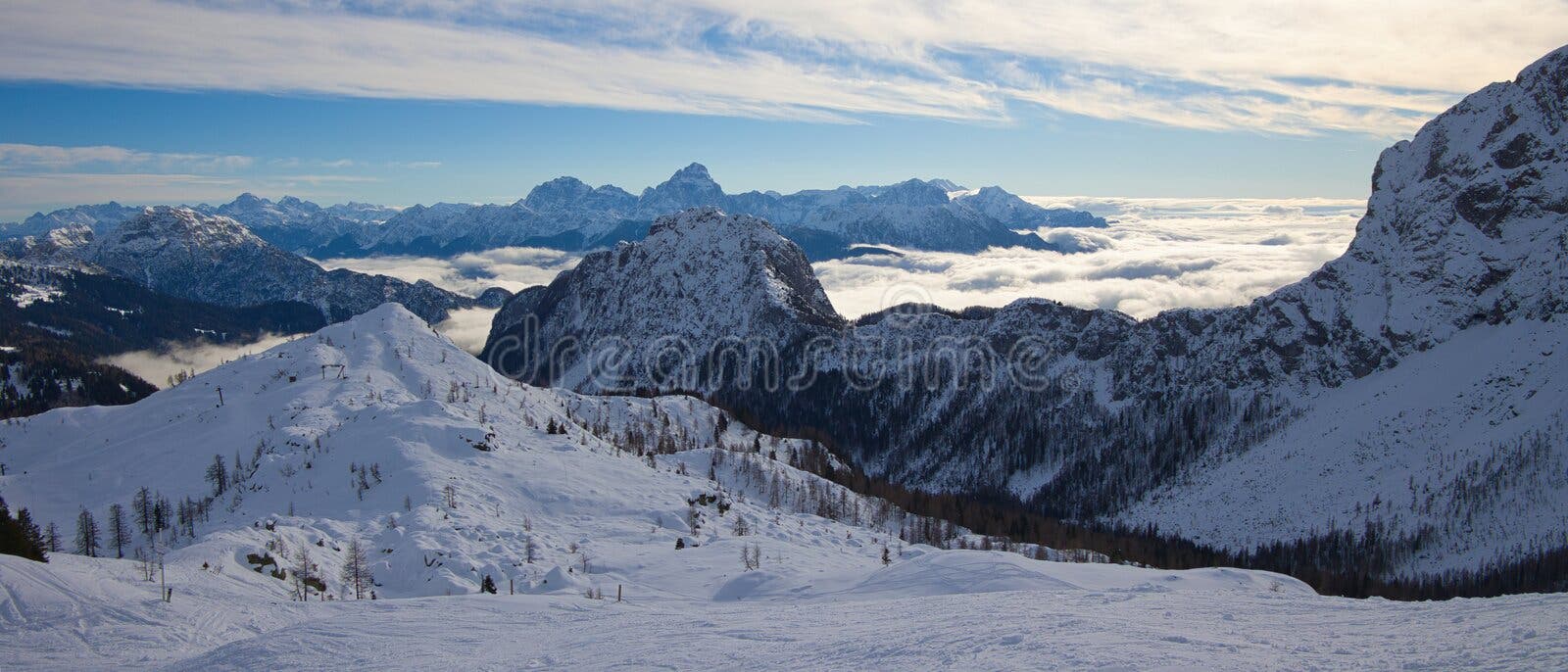 Panoramic view in the Austrian Nassfeld Ski arena towards the Montasio mountain group in Italy. royalty free stock photos Panoramic view in the Austrian Nassfeld Ski arena towards the Montasio mountain group in Italy. royalty free stock photos